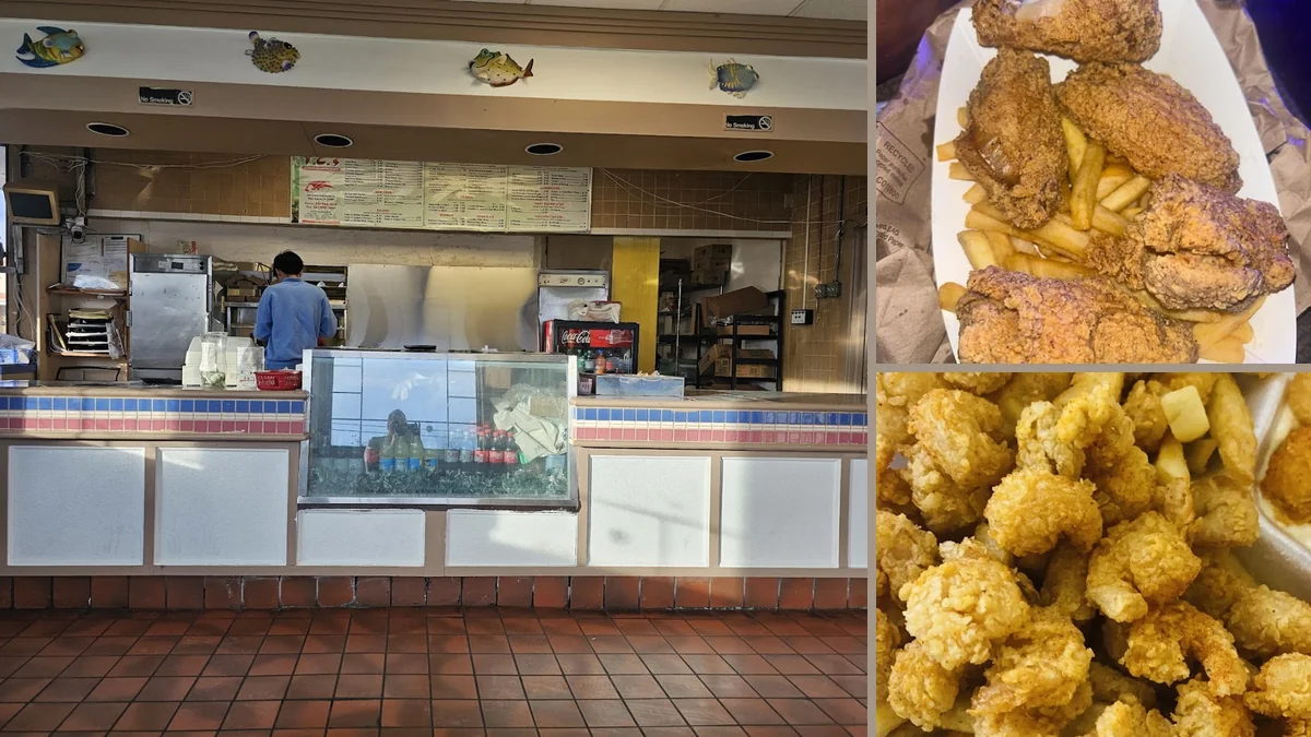 Drive-through window outside a seafood spot.
